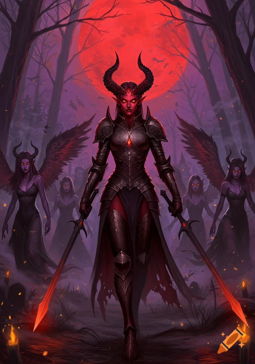A powerful demon warrior in dark armor with glowing swords leads other winged demons through a spooky forest under a red moon.