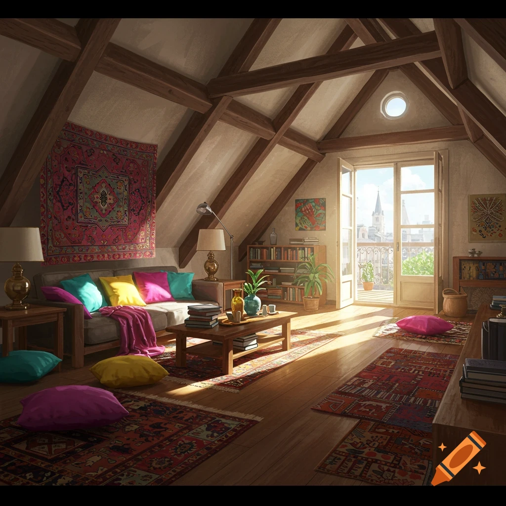 A bright, bohemian attic living room with high beamed ceilings, colorful cushions, patterned rugs, and an open balcony overlooking a city.