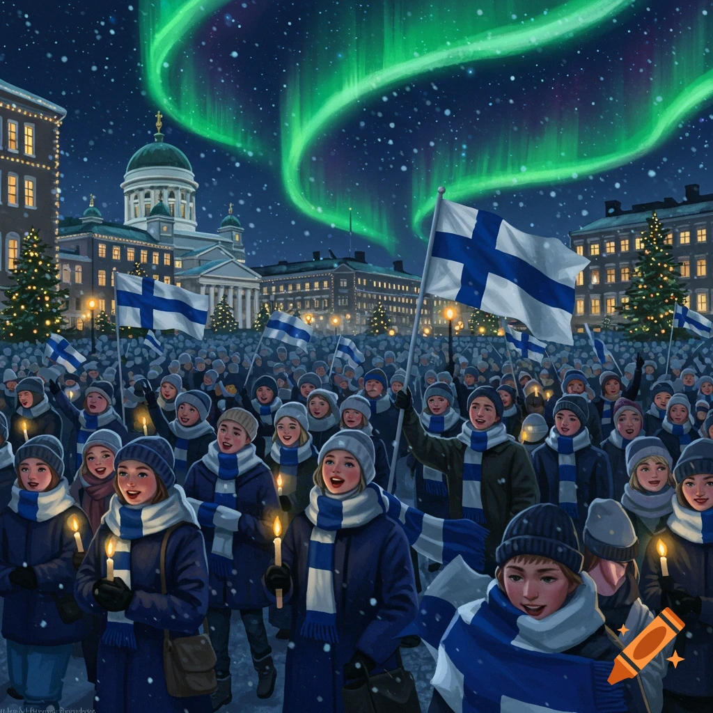 Illustration of a crowd celebrating Finnish Independence Day, holding flags and candles in a snowy city at night under the aurora borealis.