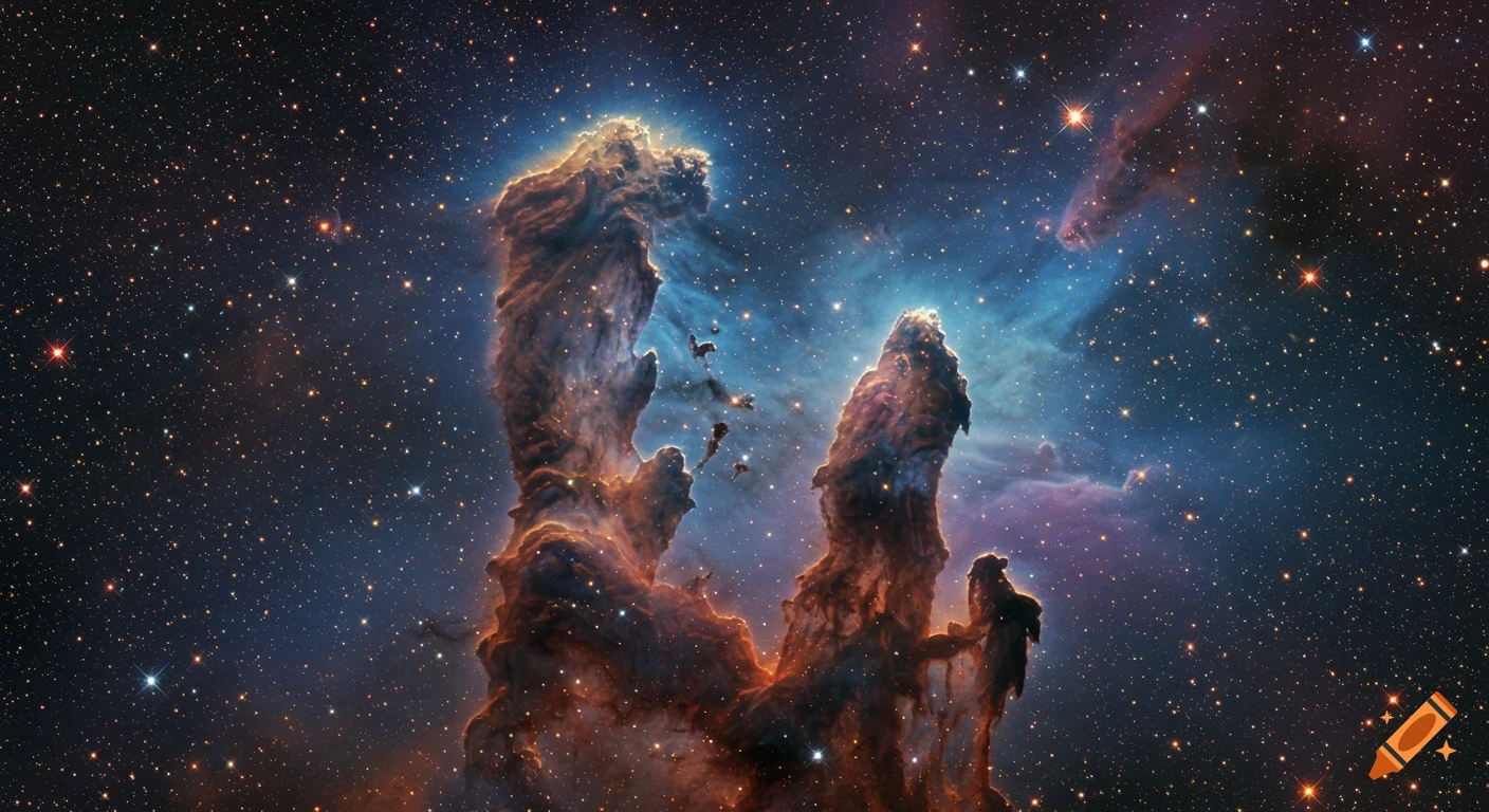 Towering orange and blue cosmic dust pillars rise from a nebula amidst a dense field of stars.
