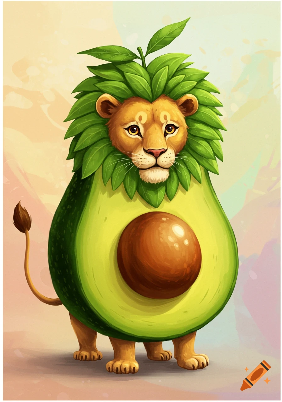 A whimsical cartoon lion with an avocado body and a leafy mane stands upright, with a soft, blended background.