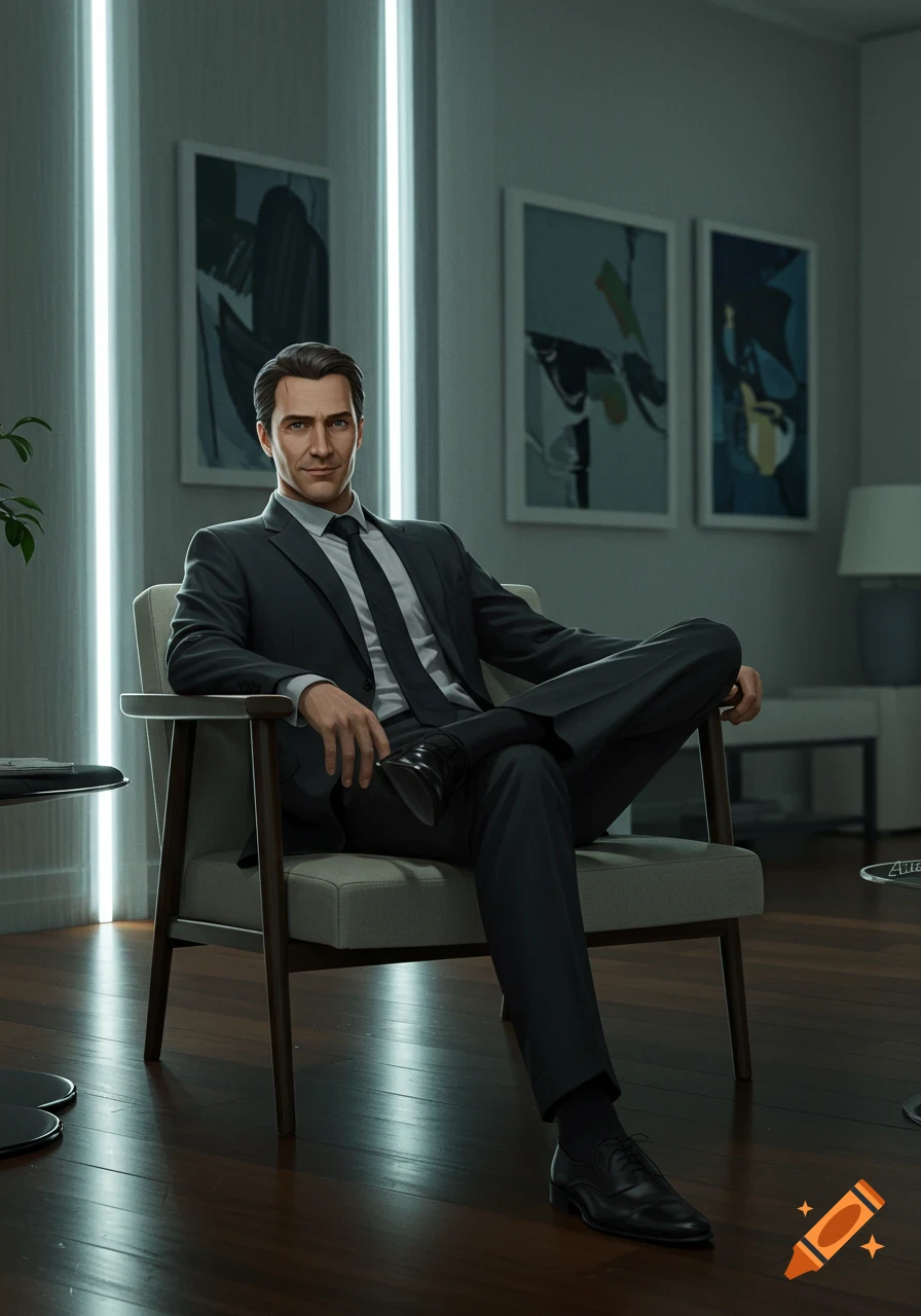 A photorealistic man in a dark suit sits with crossed legs in a modern, dimly lit room with glowing vertical lights.