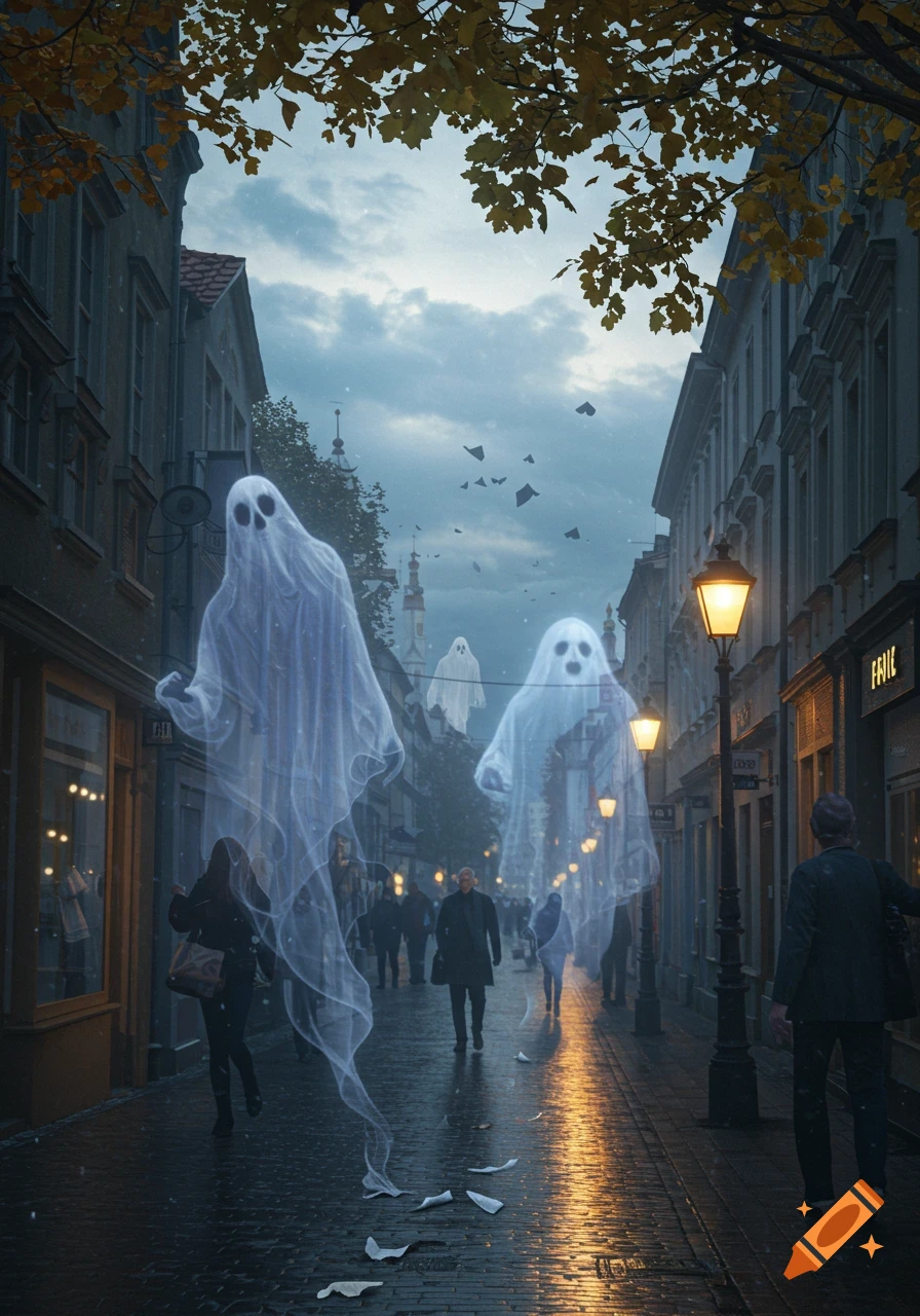 Ghosts float through a rainy, lamplit city street at dusk, with people walking below and autumn leaves overhead.