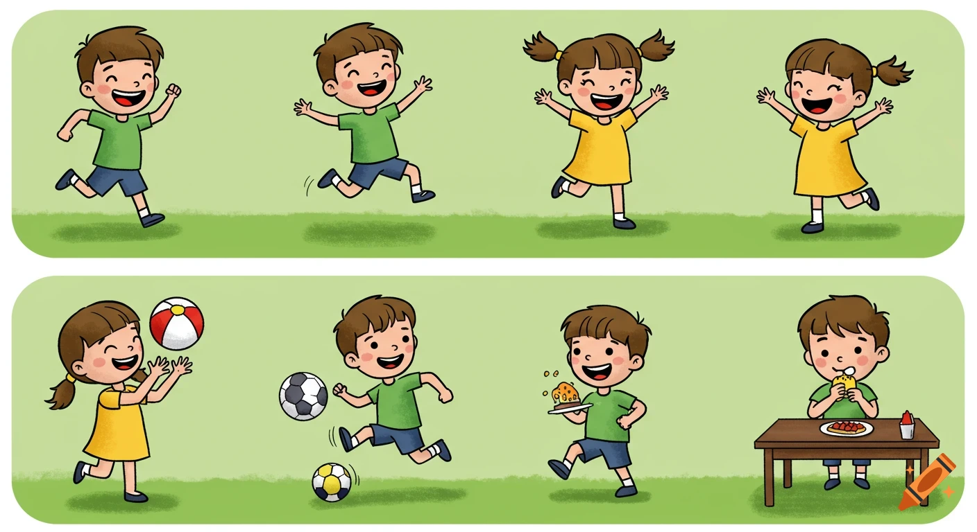 A cartoon storyboard shows happy children running, playing with balls, and eating in a cute children's book style.