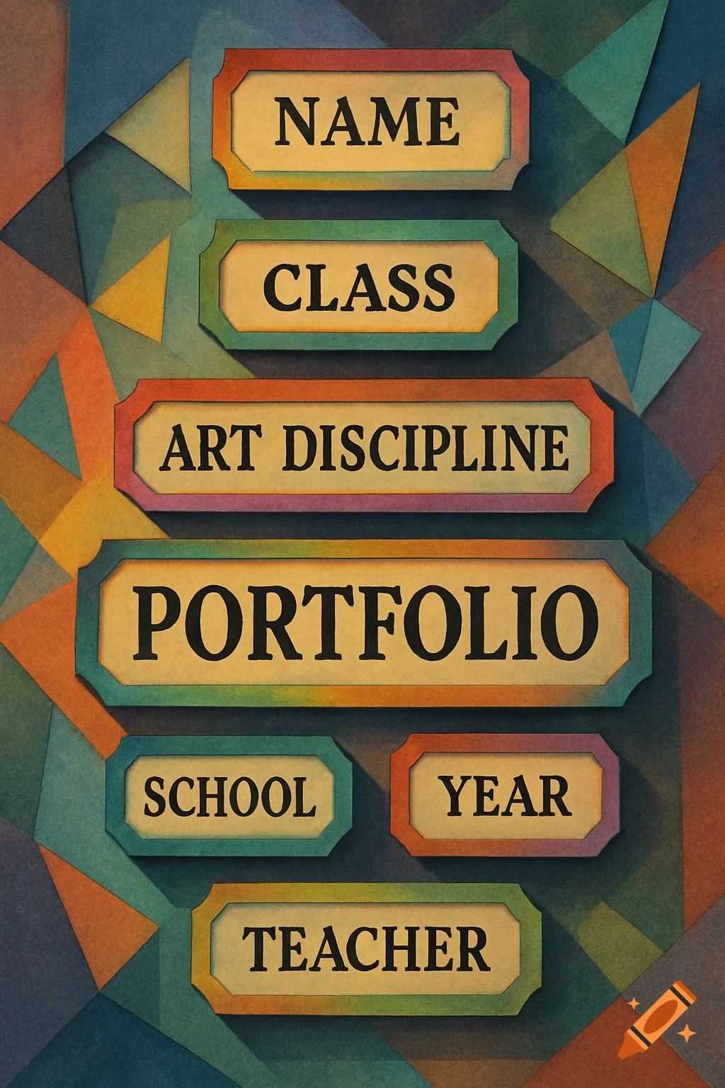 A colorful geometric abstract background with several framed text labels including NAME, CLASS, ART DISCIPLINE, PORTFOLIO, SCHOOL, YEAR, and TEACHER.