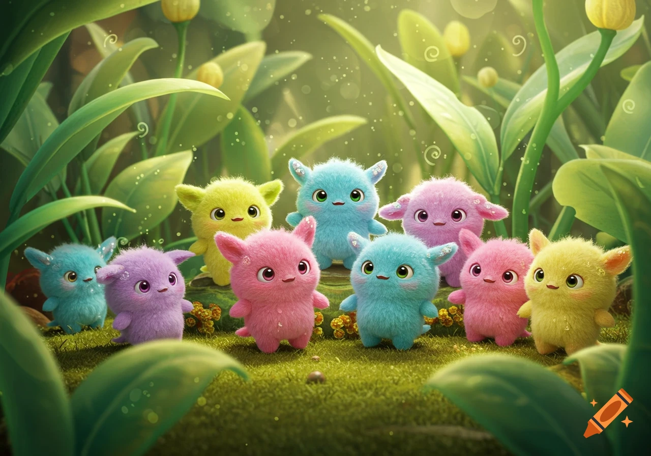 A group of fluffy, colorful, big-eyed fantasy creatures in a vibrant green forest setting.