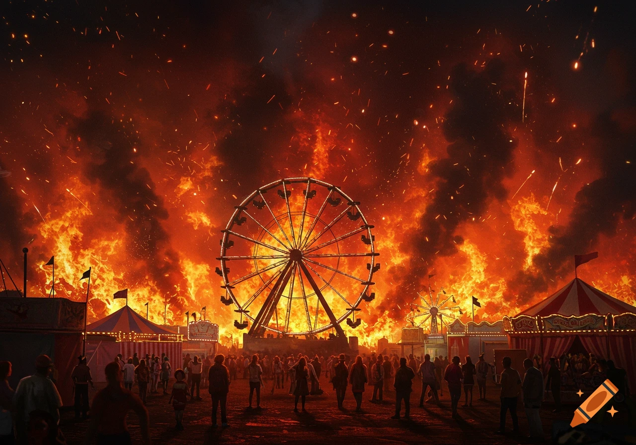 A dramatic, wide shot of a carnival on fire, with a Ferris wheel at the center, surrounded by flames, smoke, and a crowd of people.