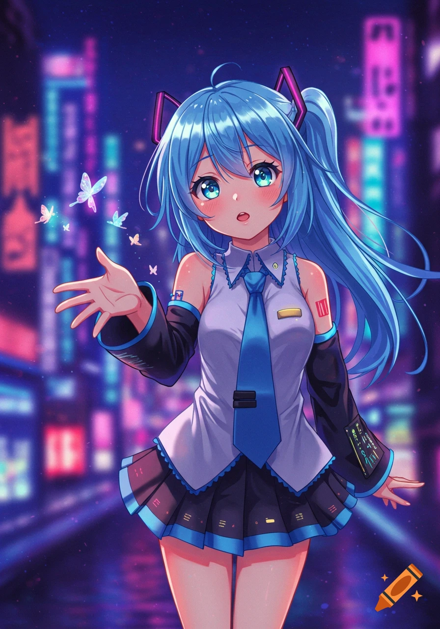 An anime girl with blue hair and glowing butterflies in a vibrant, neon-lit cyberpunk city at night.