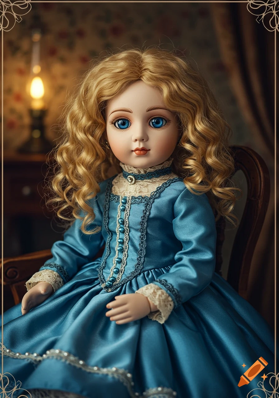 A lifelike vintage doll with blonde curly hair, blue eyes, and a blue dress, sitting in an old-fashioned room.