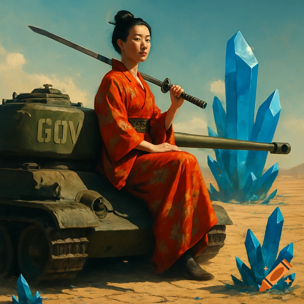 A woman in a red kimono sits on a military tank, holding a sword over her shoulder, in a desert with blue crystals.