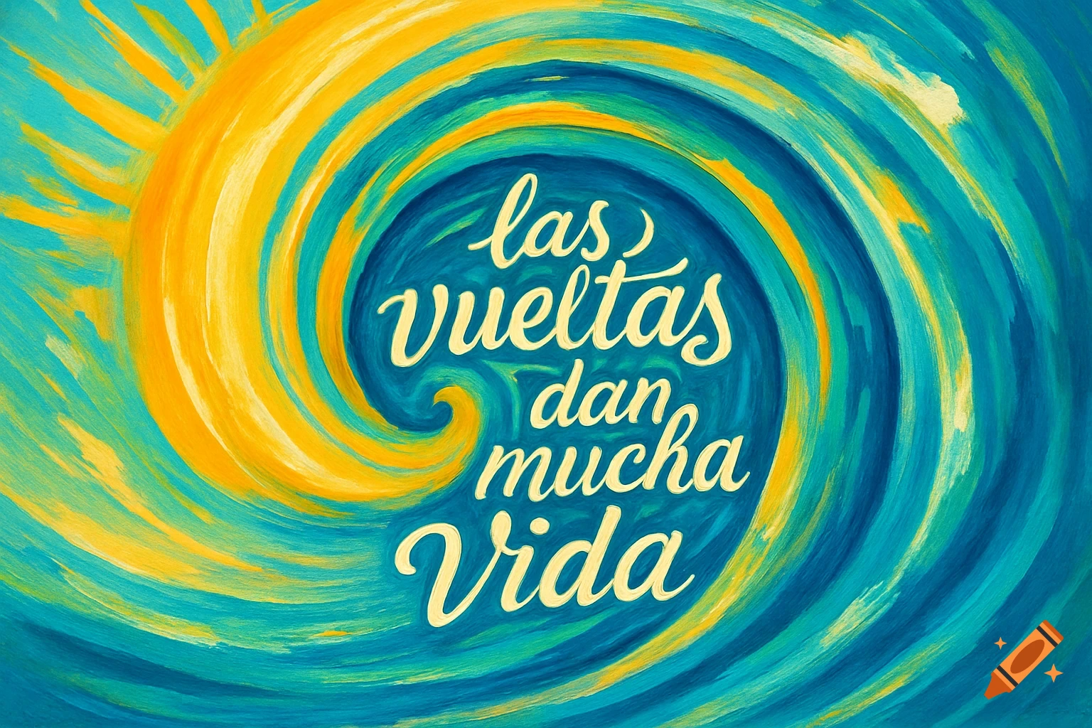 A vibrant yellow sun and blue wave spiral design with the Spanish text "las vueltas dan mucha vida" in the center.