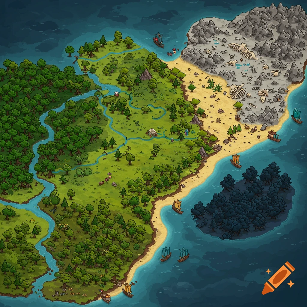 A pixel art map of a continent featuring lush green forests, a winding river, a sandy beach, a dark forest island, and a desolate bone field.