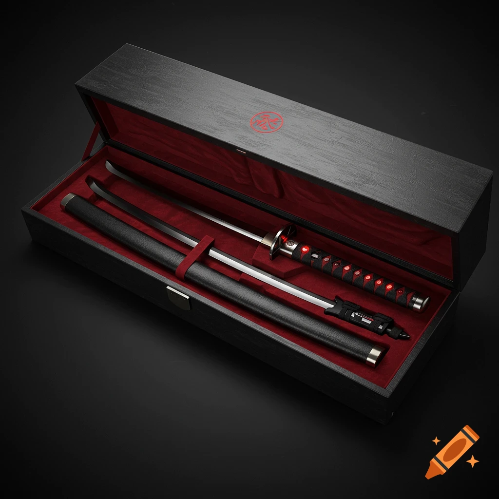 A sleek, modern katana and its black sheath are displayed in an open matte black box with crimson velvet lining. A minimalist red emblem adorns the box lid.