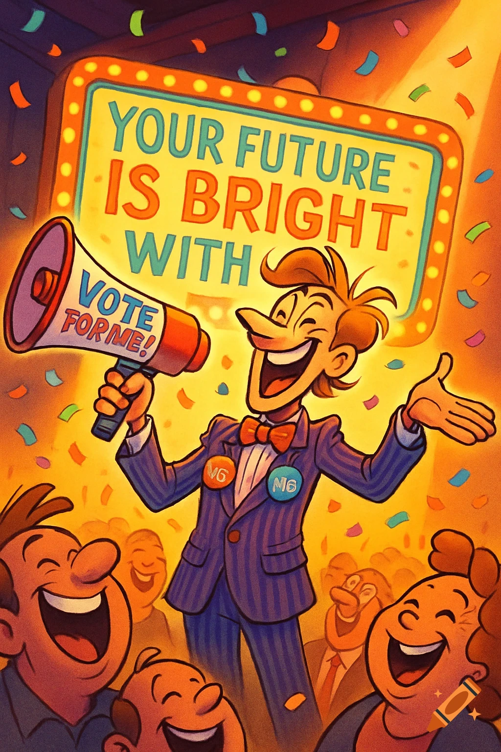 A cartoon candidate with a megaphone addressing a cheering crowd under a sign saying 'YOUR FUTURE IS BRIGHT WITH'.