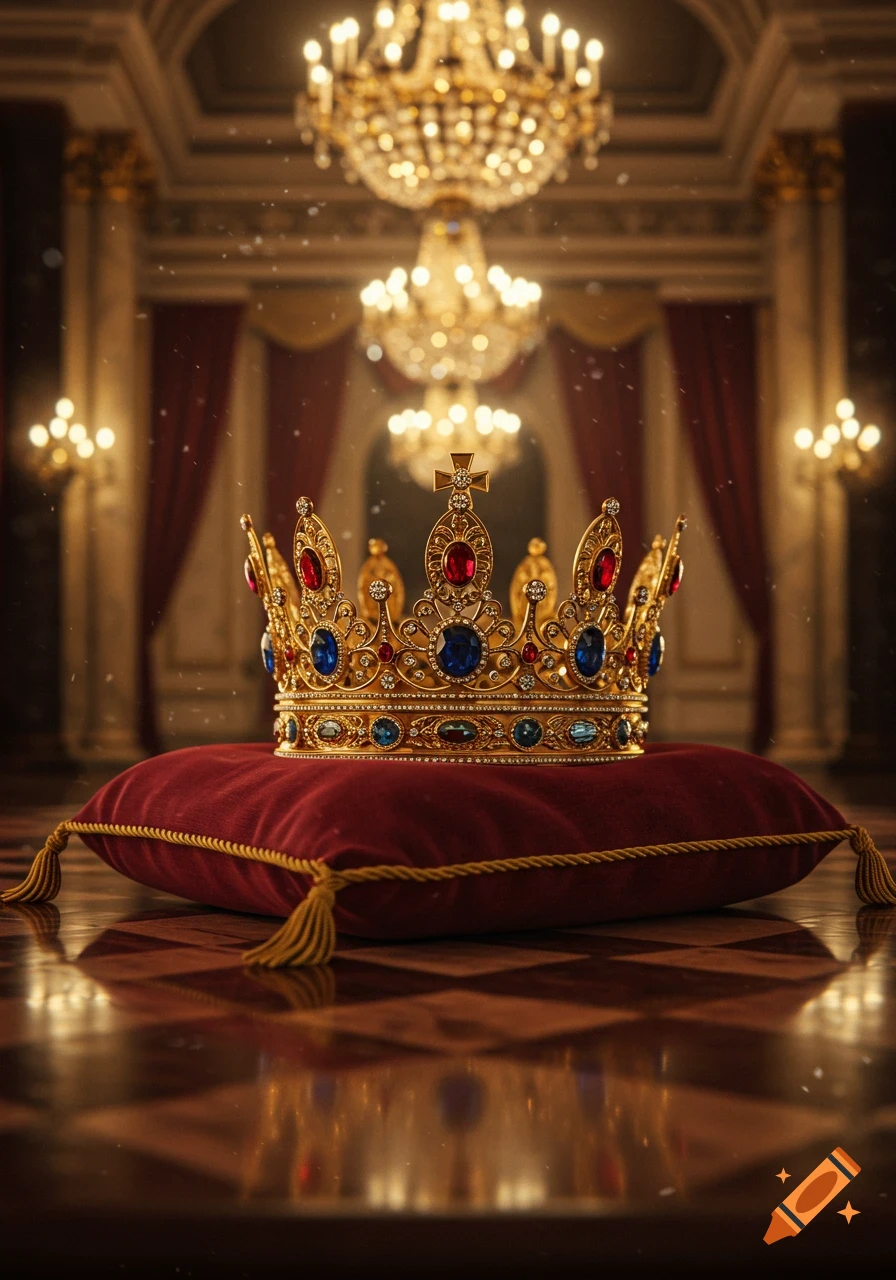 A gold and jeweled crown sits on a red velvet cushion in a grand, illuminated palace hall.