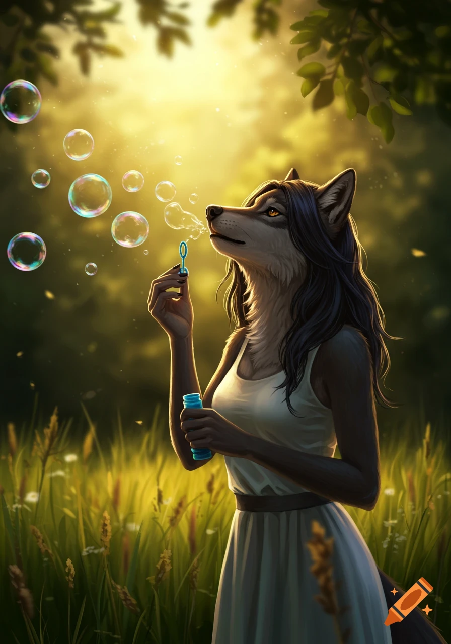 An anthropomorphic wolf woman with dark hair blowing bubbles in a sunny, golden meadow.