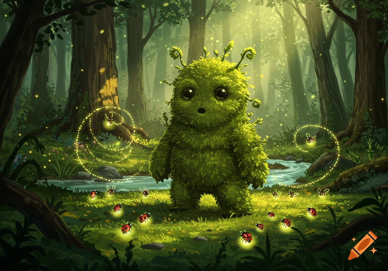 A cute, furry green moss creature stands in a magical forest clearing with glowing fireflies and ladybugs.