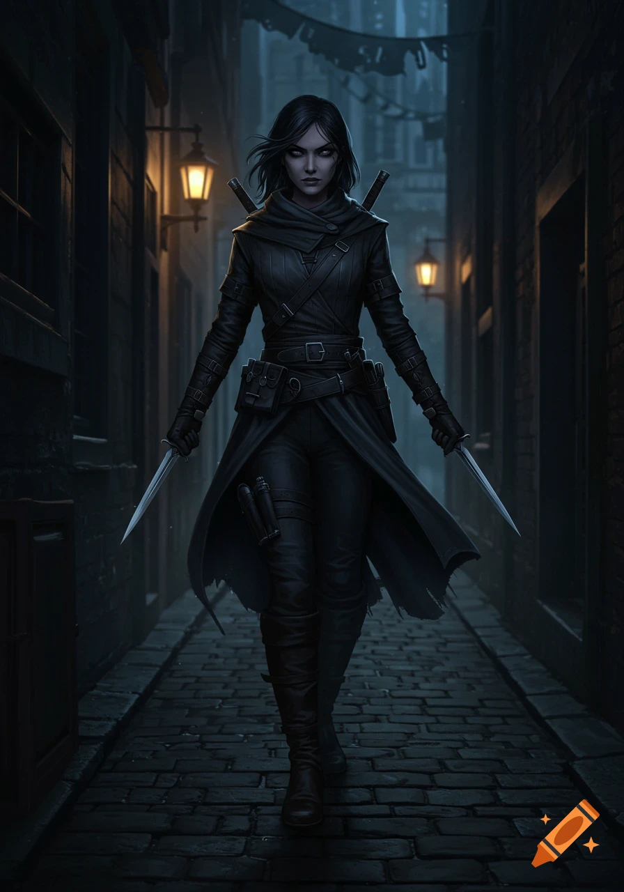 Female assassin Kaelen in black attire with daggers walks down a dark, lamp-lit cobblestone alley at night, dark fantasy art.