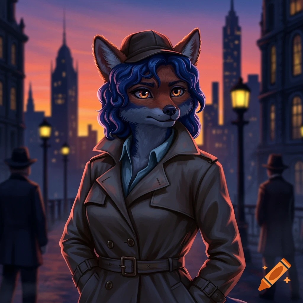 An anthropomorphic fox in a trench coat and hat stands on a city street at sunset with glowing streetlights and tall buildings.