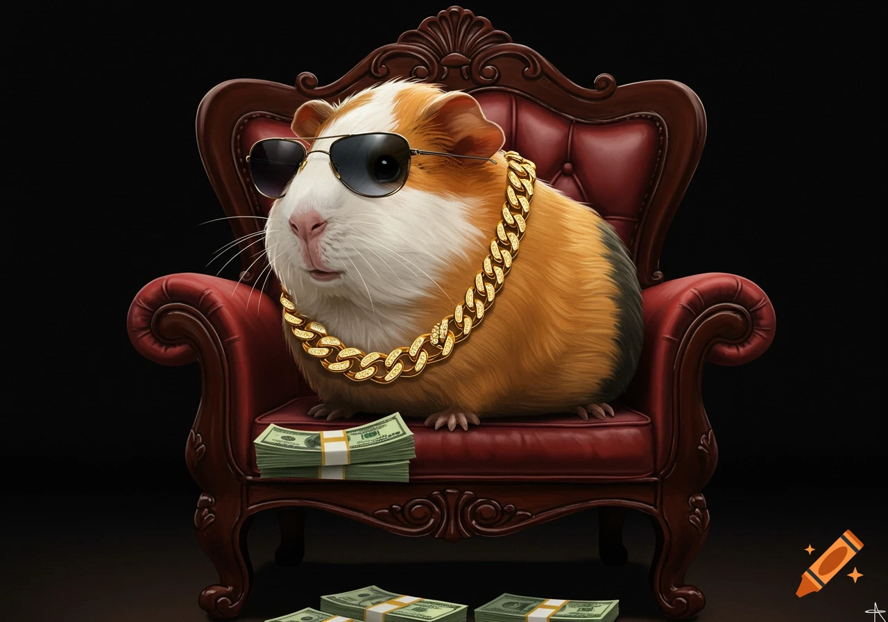 A cool guinea pig wearing sunglasses and a gold chain sits on a plush red armchair with stacks of cash, against a dark background.