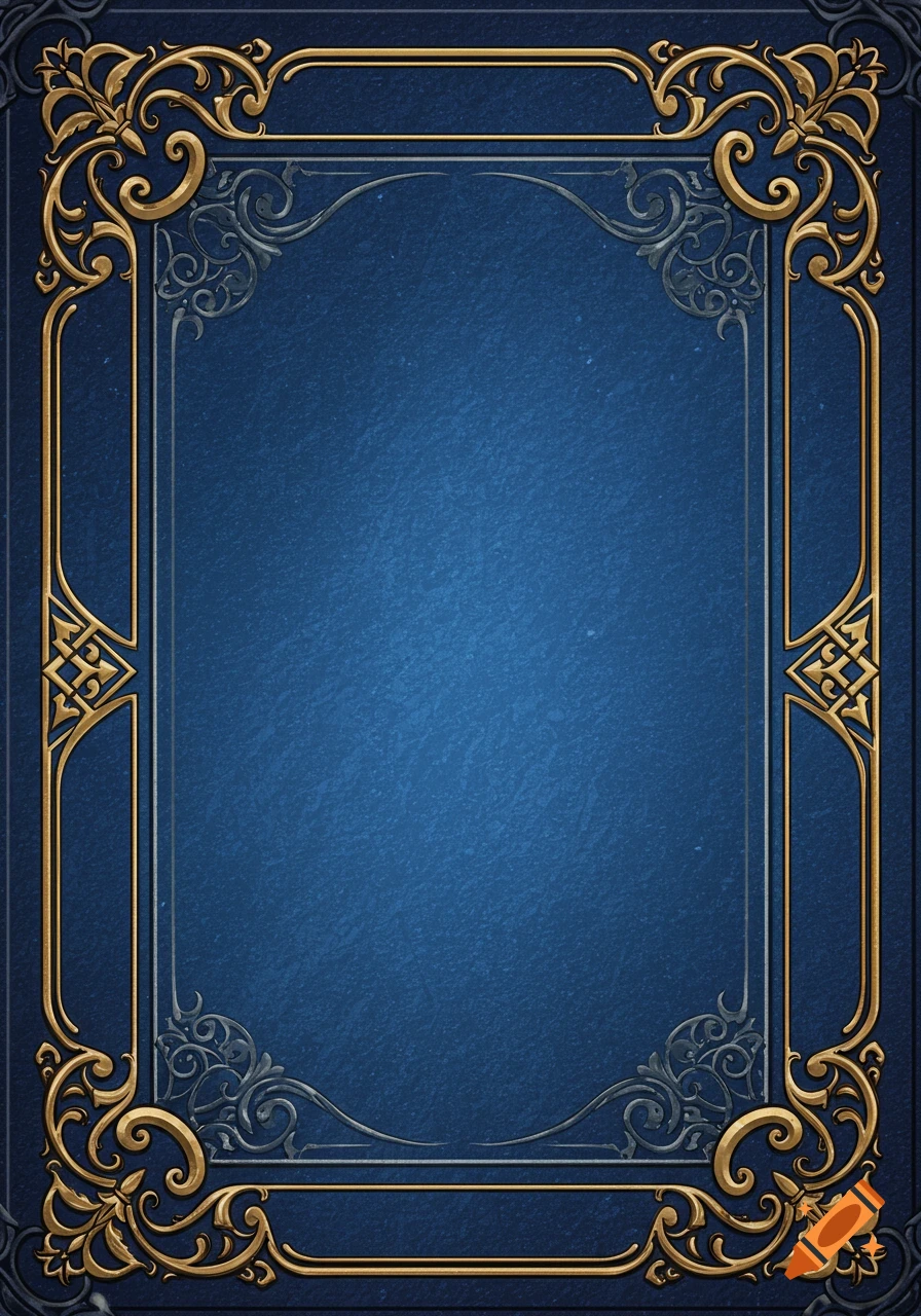 An ornate gold and gray metallic decorative frame borders a dark blue textured background.