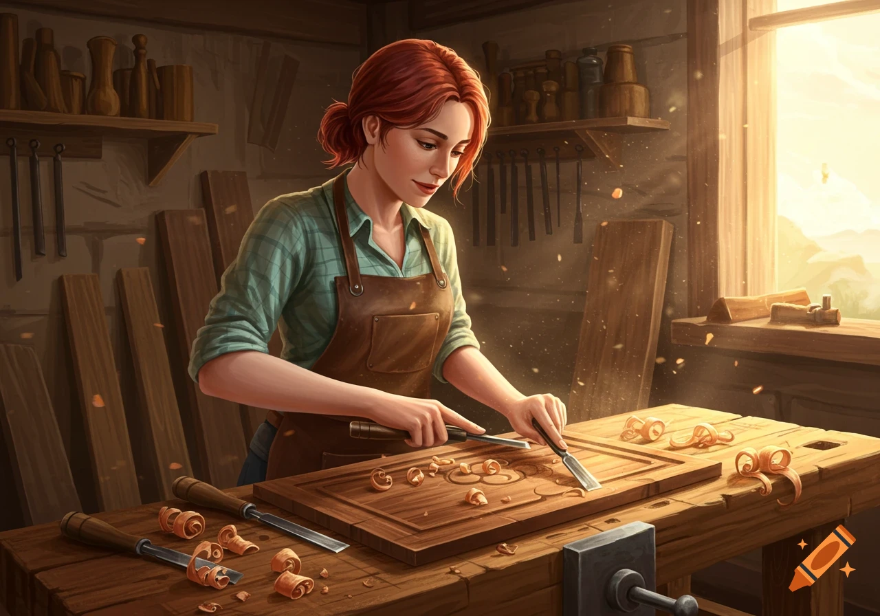A woman with red hair in a workshop, wearing an apron, meticulously carves wood with chisels, surrounded by wood shavings and tools.