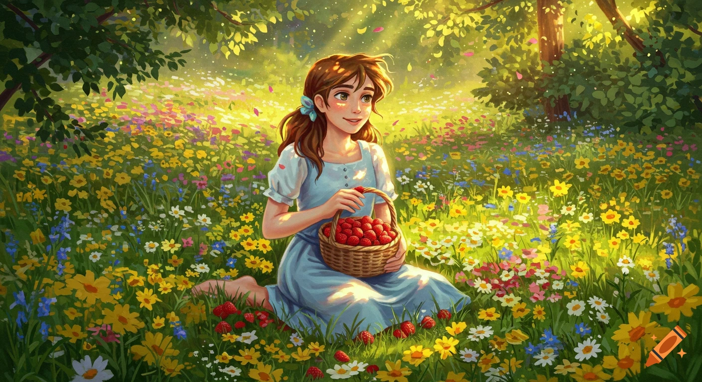 An illustrated girl sits in a sunny meadow filled with colorful wildflowers, holding a basket of red strawberries.