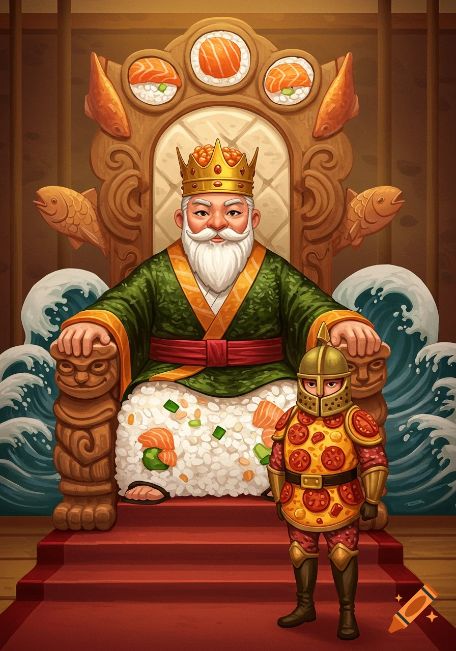 Cartoon illustration of a Sushi King on his throne, with a Pizza Soldier standing before him.