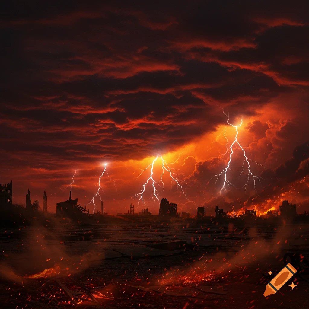 A dark, fiery red sky with multiple lightning strikes over a ruined, burning city landscape.