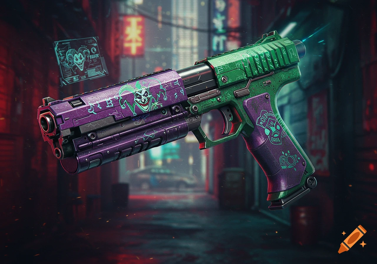 A vibrant green and purple futuristic handgun adorned with Joker faces and symbols, floating in a neon-lit cyberpunk city alley.
