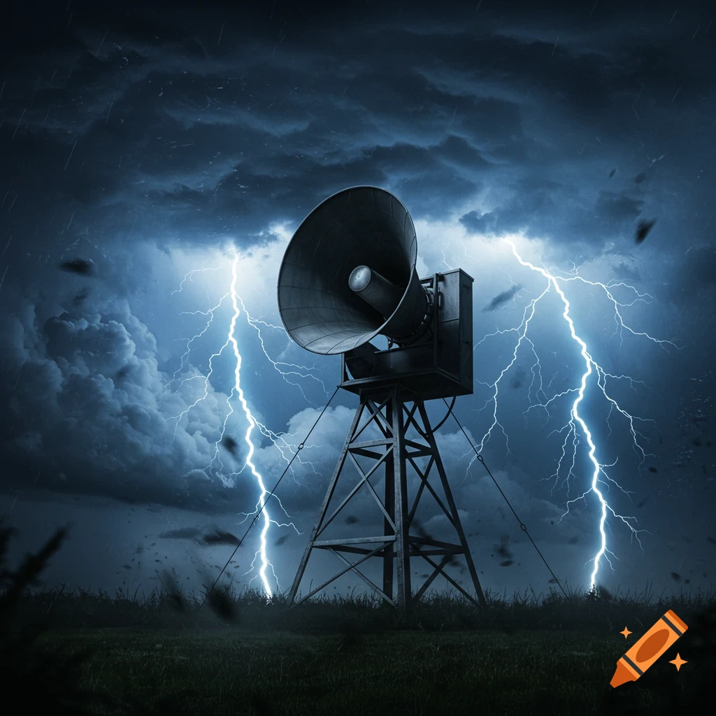 A photorealistic image of a tornado siren on a metal tower under a dark, stormy sky with multiple lightning bolts striking.