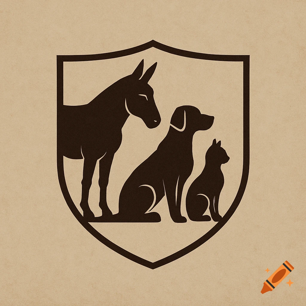 Dark silhouettes of a mule, dog, and cat inside a shield on a textured light brown background.
