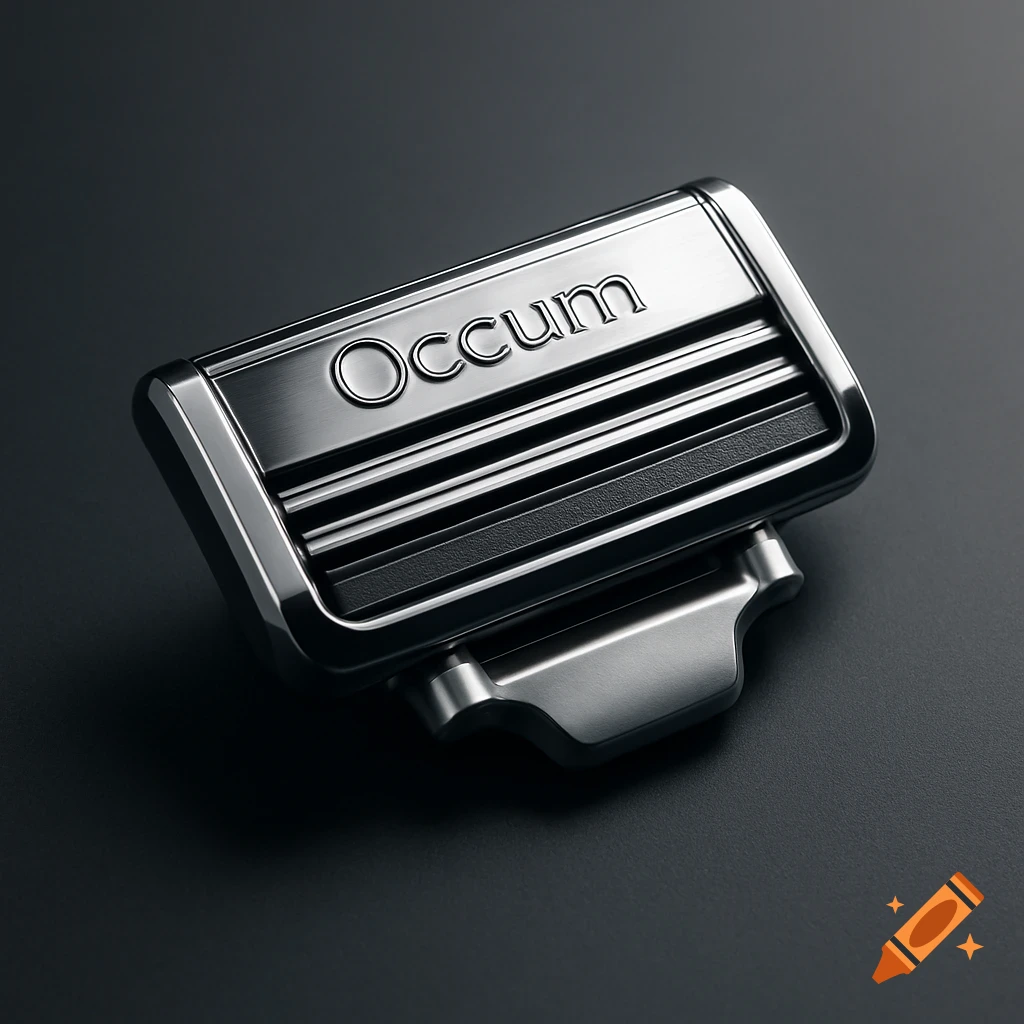 Photorealistic render of a chrome razor refill blade with 'Occum' logo embossed on it.