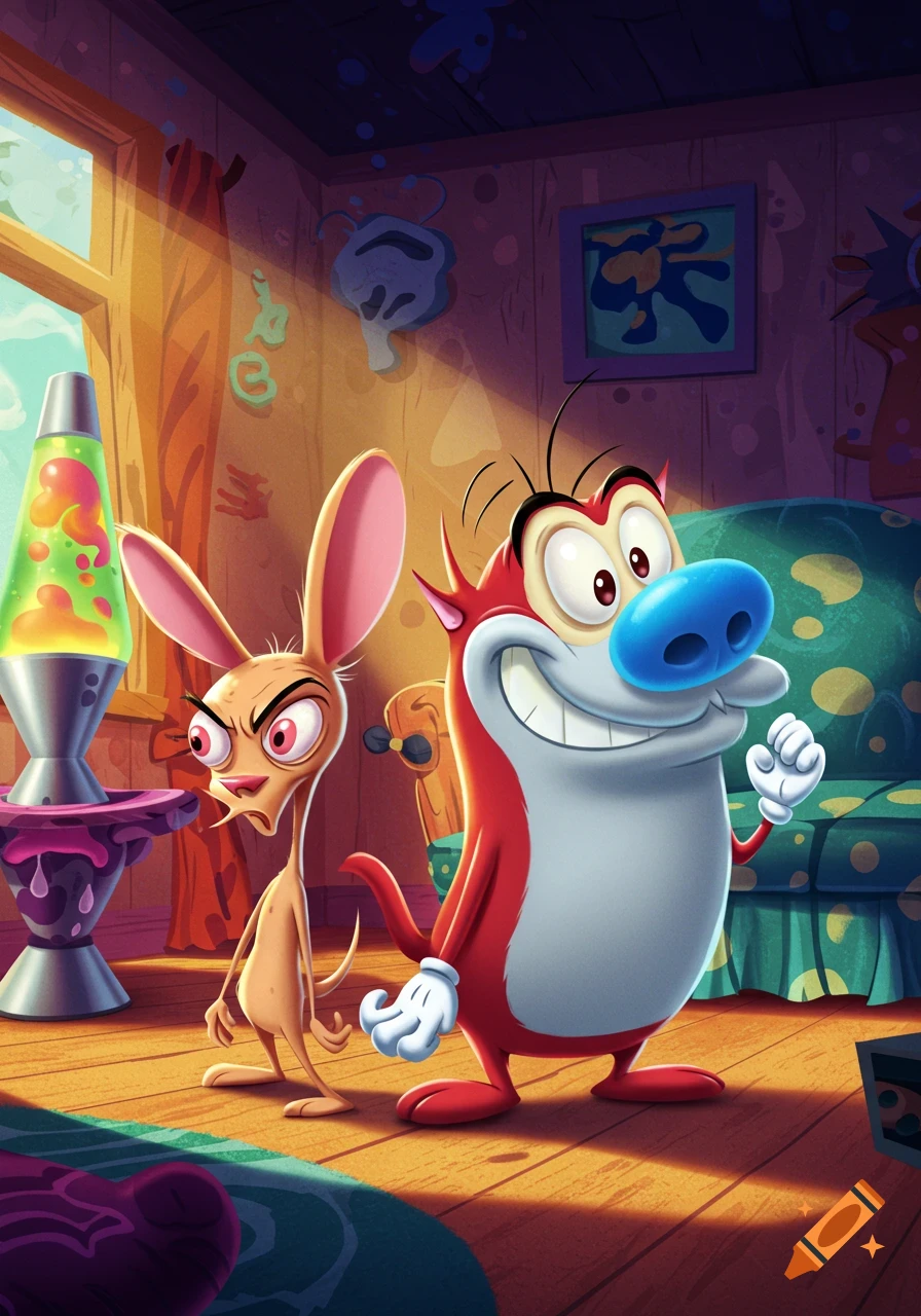 The cartoon characters Ren and Stimpy are in a colorful room with a lava lamp; Ren looks annoyed, Stimpy grins.