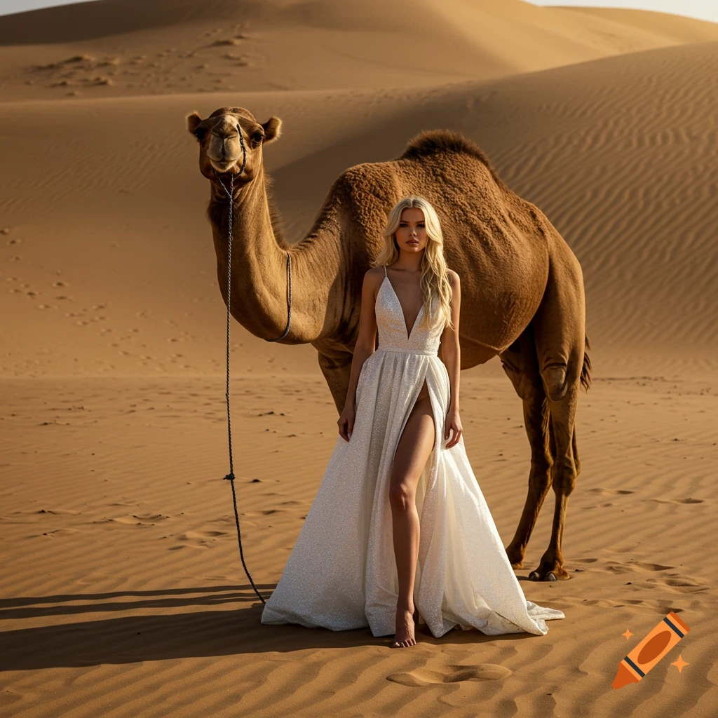 A blonde woman in a white dress with a thigh-high slit stands gracefully beside a camel in a golden desert.