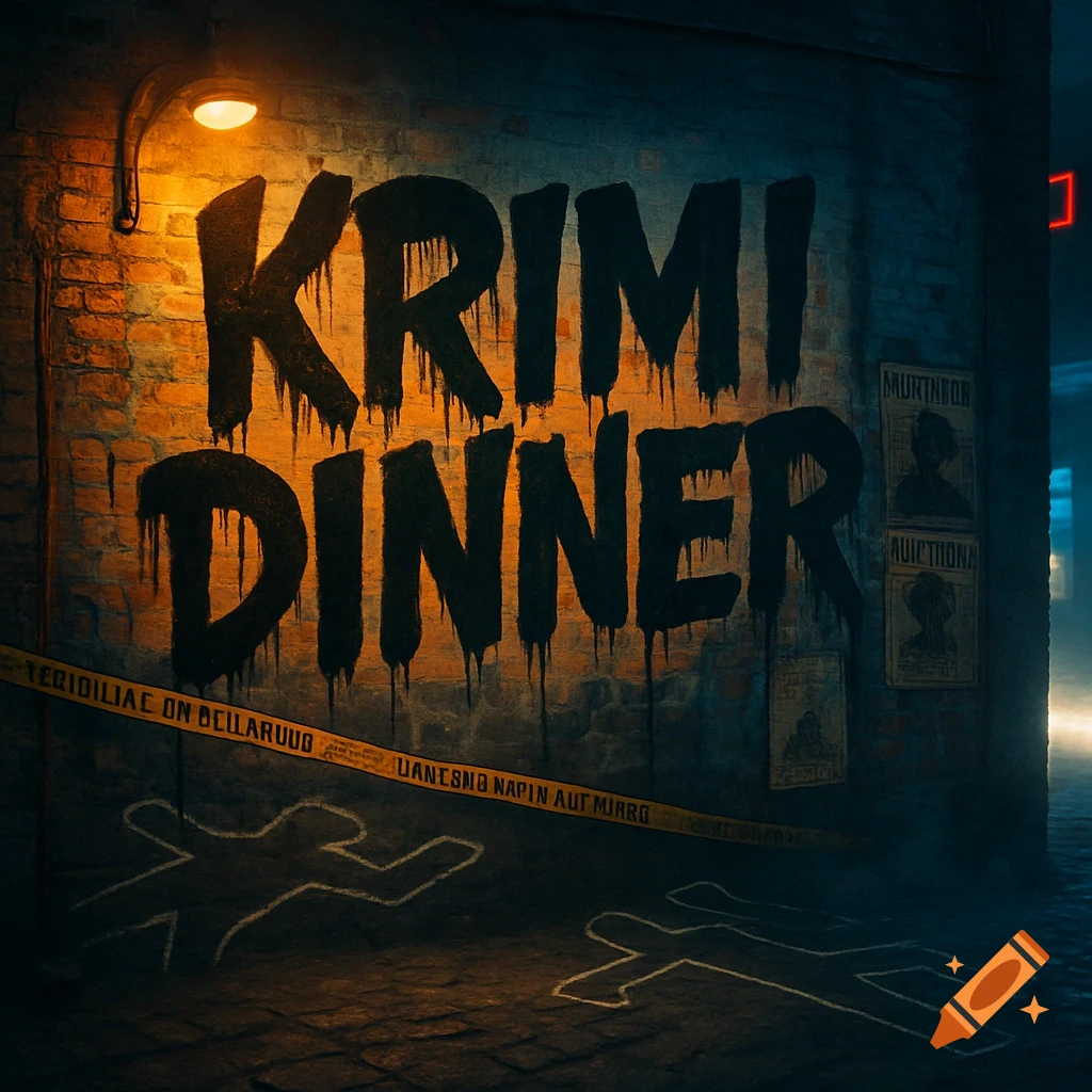 Dark urban scene with 'KRIMI DINNER' graffiti on a brick wall, chalk outlines on the ground, and crime scene tape, illuminated by a street lamp.