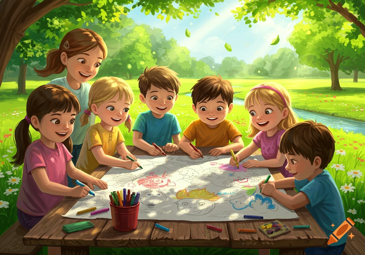 Seven smiling cartoon children coloring a large sheet of paper on a picnic table in a sunny park.