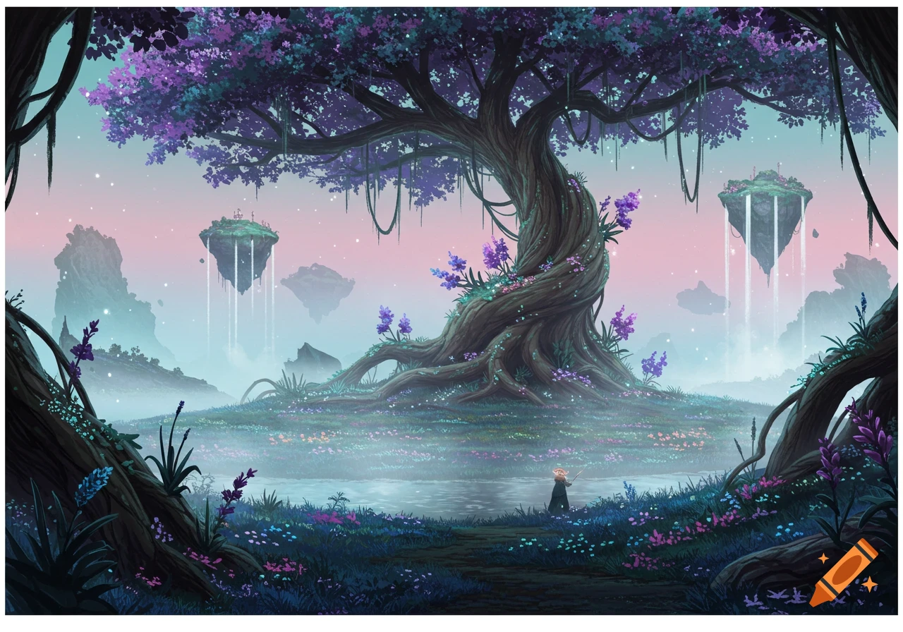 A vibrant fantasy landscape with a huge twisted tree, purple leaves, floating islands, and a small figure by a pond.