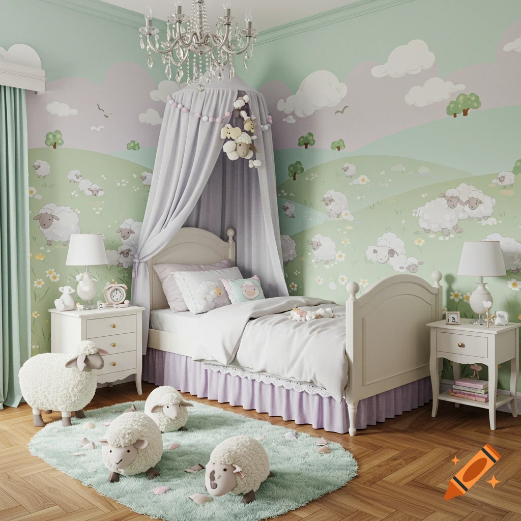 A pastel-colored child's bedroom with a sheep theme. A white bed with a canopy, nightstands, and sheep plushies on a mint green rug.