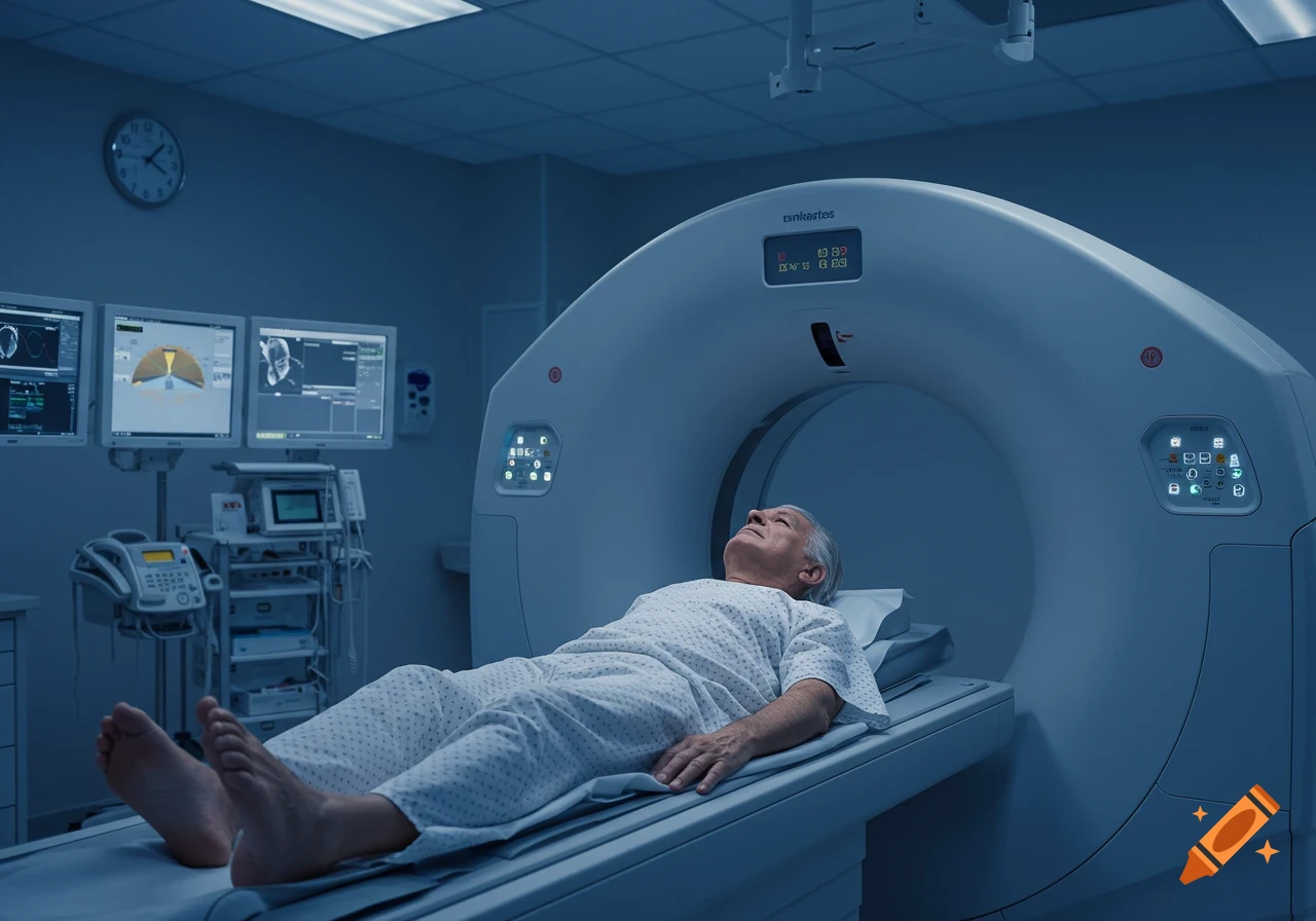 Photorealistic image of an elderly man undergoing a CT scan in a hospital room with medical equipment and monitors.