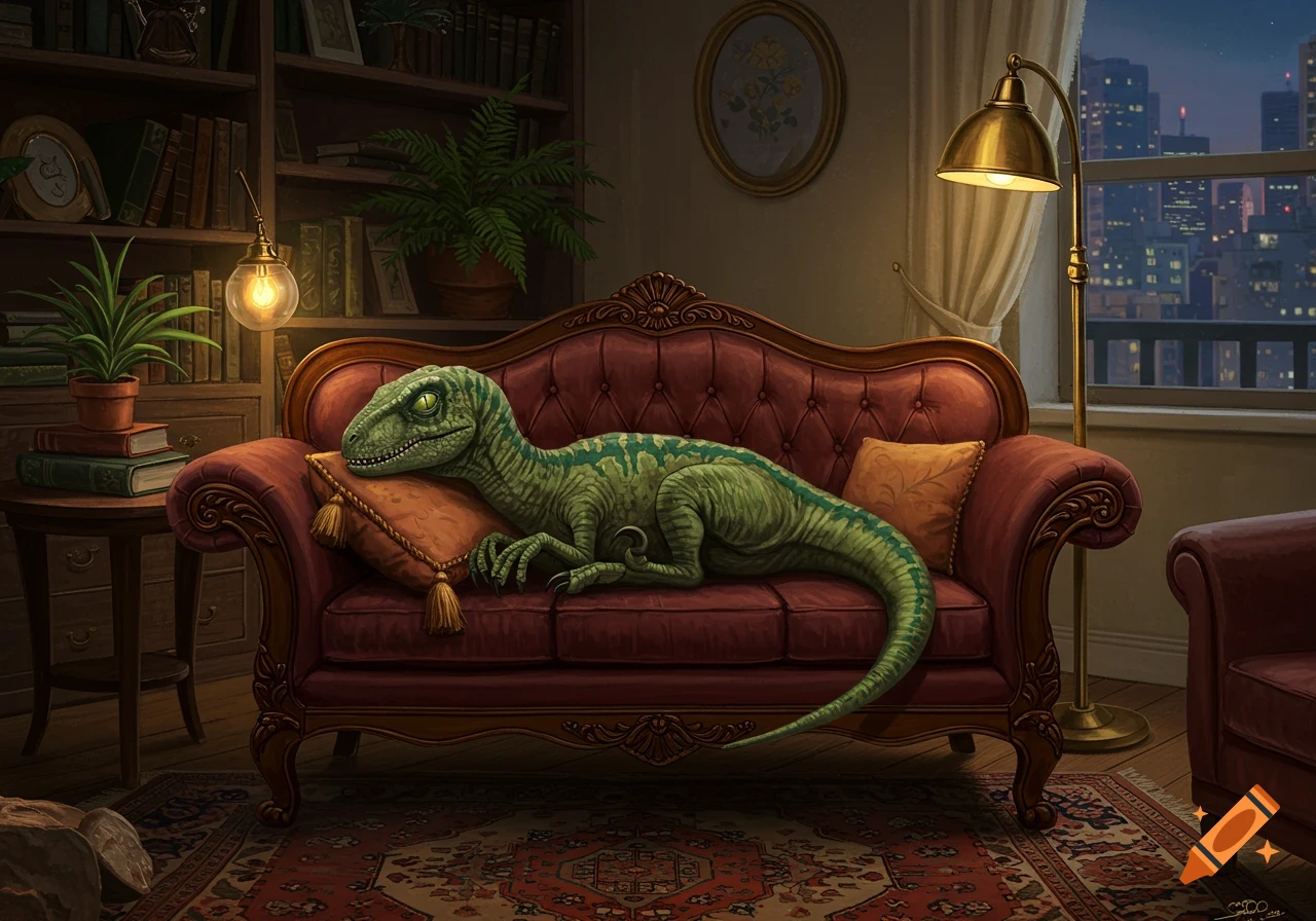A green velociraptor reclines on a red velvet couch in a dimly lit, cozy living room with bookshelves and city lights at night.
