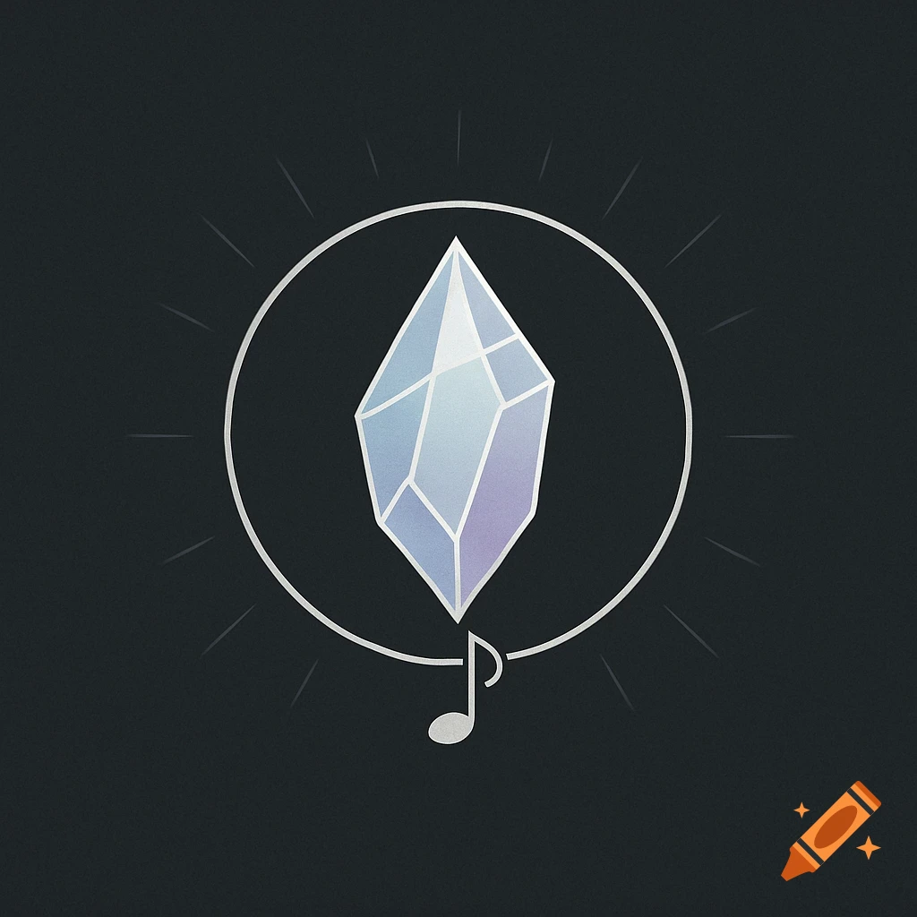A minimalist insignia with a glowing crystal in a silver circle, radiating lines, and an eighth musical note below, on a dark background.