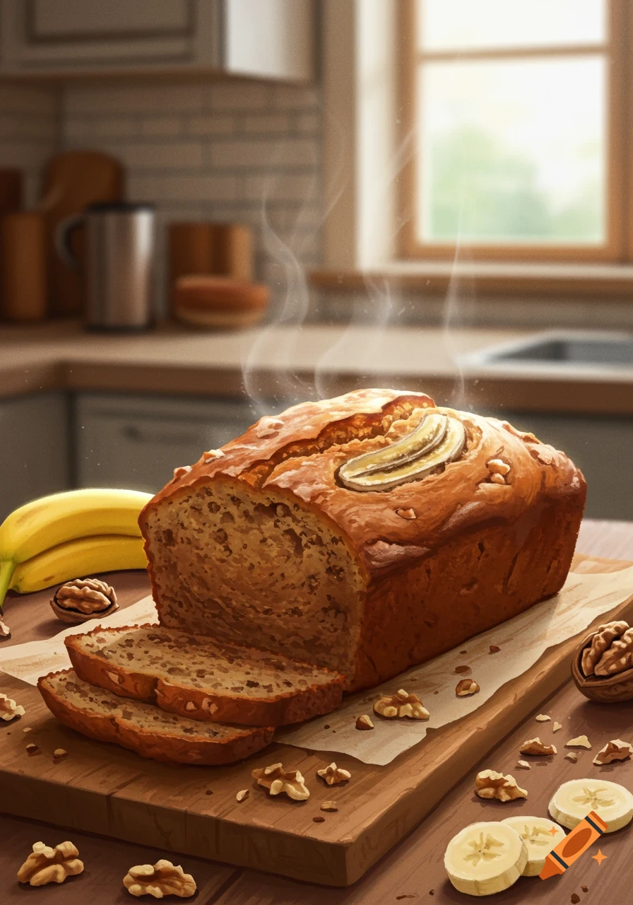 A steaming loaf of sliced banana bread with walnuts and bananas on a wooden cutting board in a kitchen. Photorealistic.