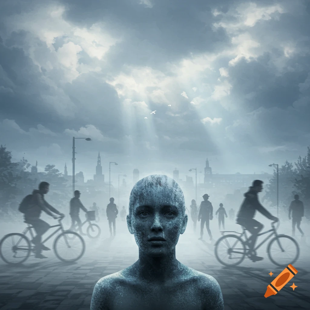 Textured human figure in a foggy, monochromatic urban landscape with blurred cyclists and city silhouettes under a cloudy sky.