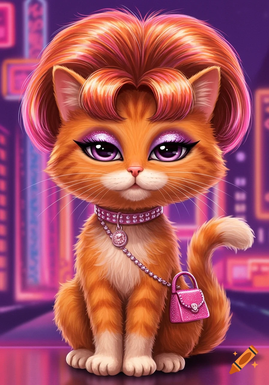 A stylized orange cat with purple glittery makeup, a pink bouffant hairstyle, a studded collar, and a pink handbag, against a neon city background.