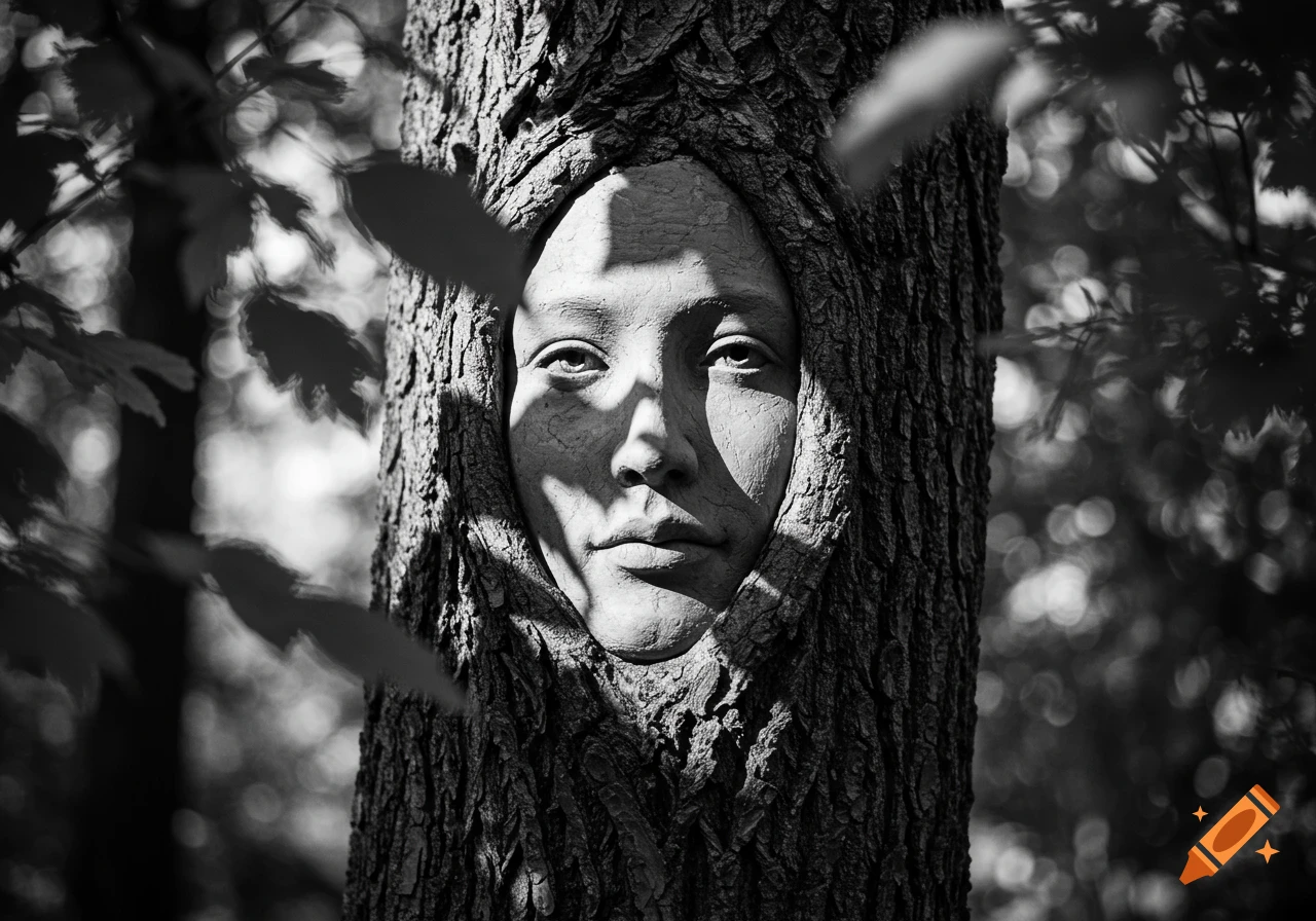 Black and white close-up of a human face sculpted into a tree trunk, with leaves blurring the foreground.
