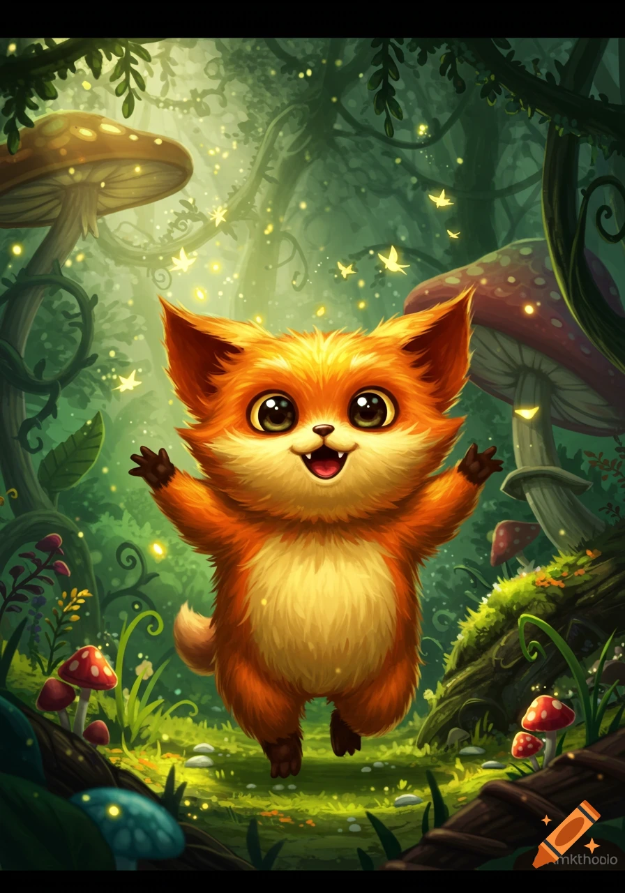 A cute, fluffy orange fox-like creature with big eyes smiles and raises its paws in a vibrant, glowing fantasy forest with large mushrooms.