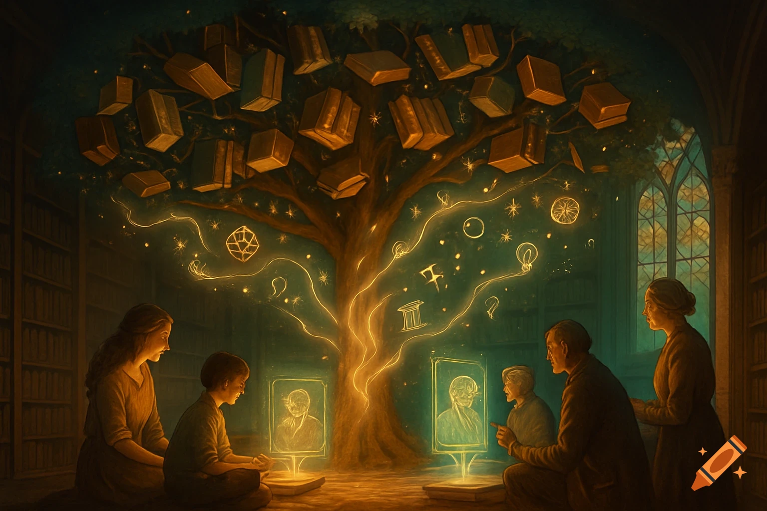 Four people in a dimly lit library gaze at a glowing tree with floating books, emanating light, and symbolic knowledge projections.