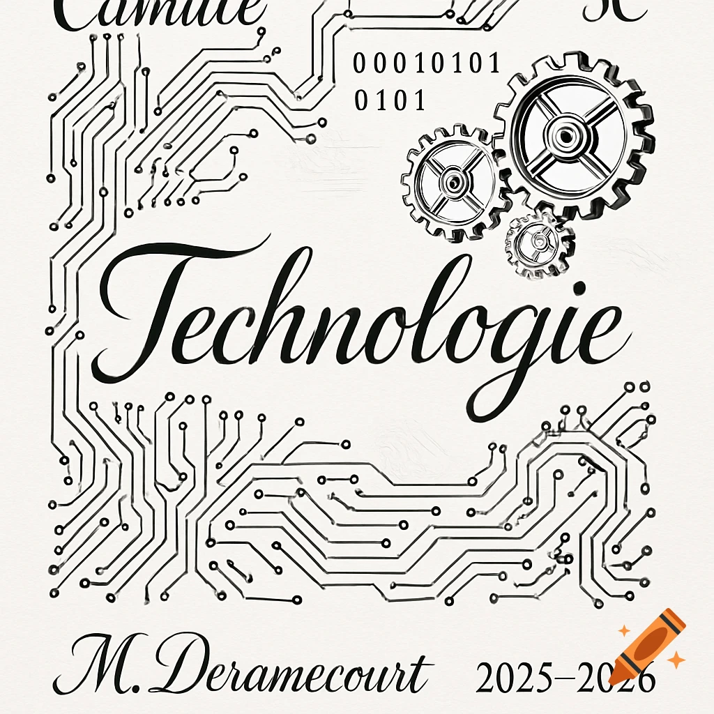Black and white illustration featuring circuit board patterns and gears with the word "Technologie" in a elegant script at the center. Other text includes names and dates.