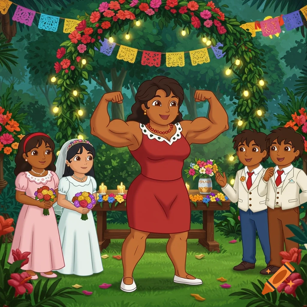 Cartoon wedding scene with a muscular woman in a red dress flexing, surrounded by children in formal attire and floral decorations.